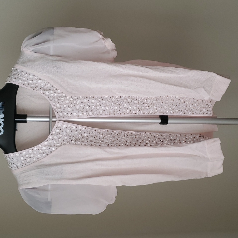Blush pink bejewelled cardigan with hook closure, NWOT